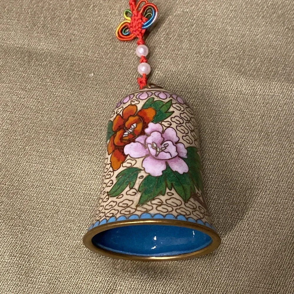 Hand Made VNTG Chinese Cloisonne Ornament Bell Soft Colors Flowers Copper Enamel